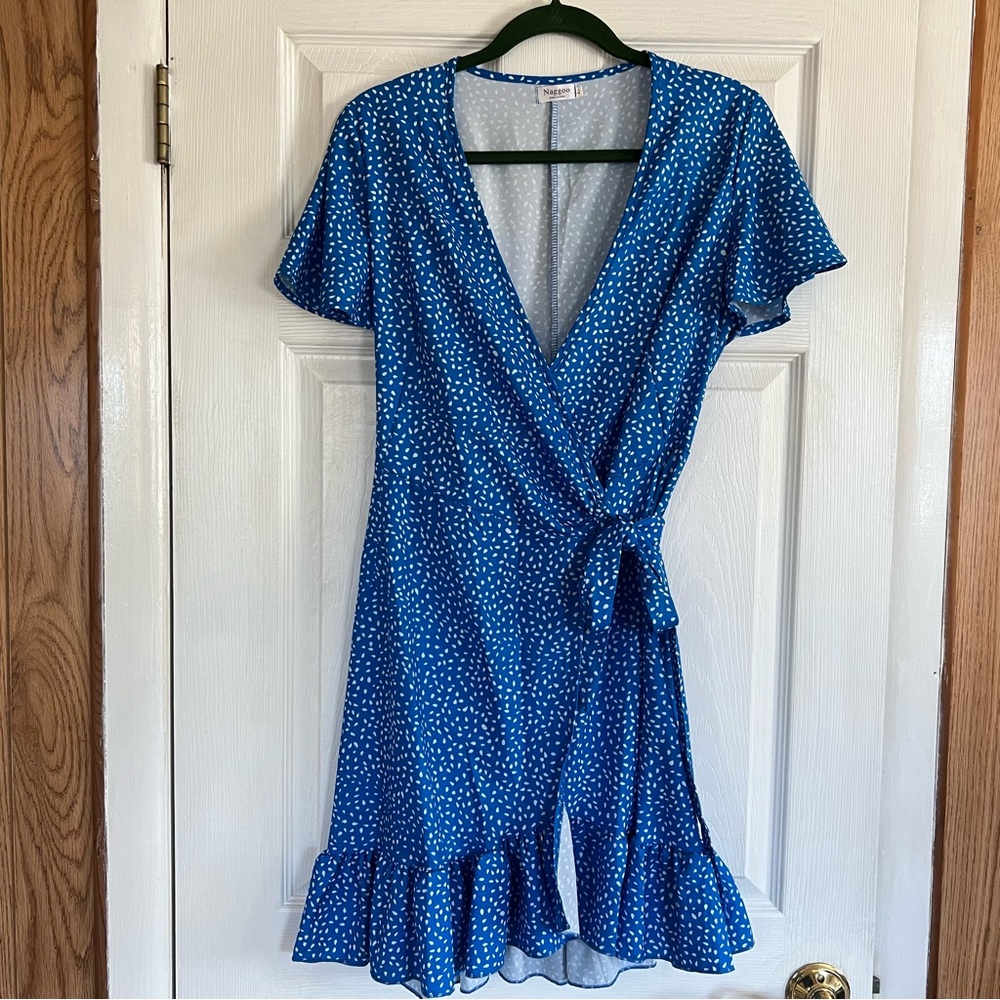 Blue Naggoo Polka Dot Wrap Dress size L
